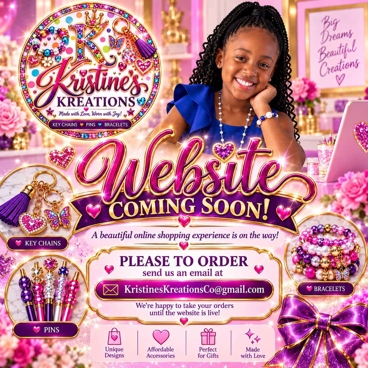 Official Kristine’s Kreations Co. coming soon artwork featuring the jeweled K logo, Kristine in a royal-blue dress, and the boutique announcement