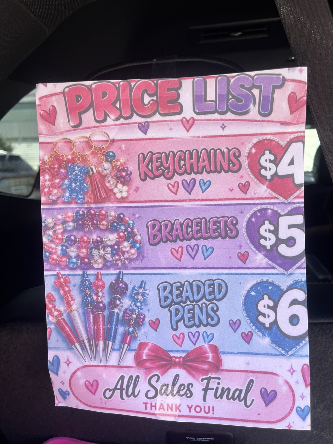 Photo of the original Kristine’s Kreations price list sign